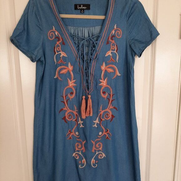 Lulus‎ Blue Lace Up Embroidered Shift Tassel Tunic Dress size S - Picture 1 of 6
